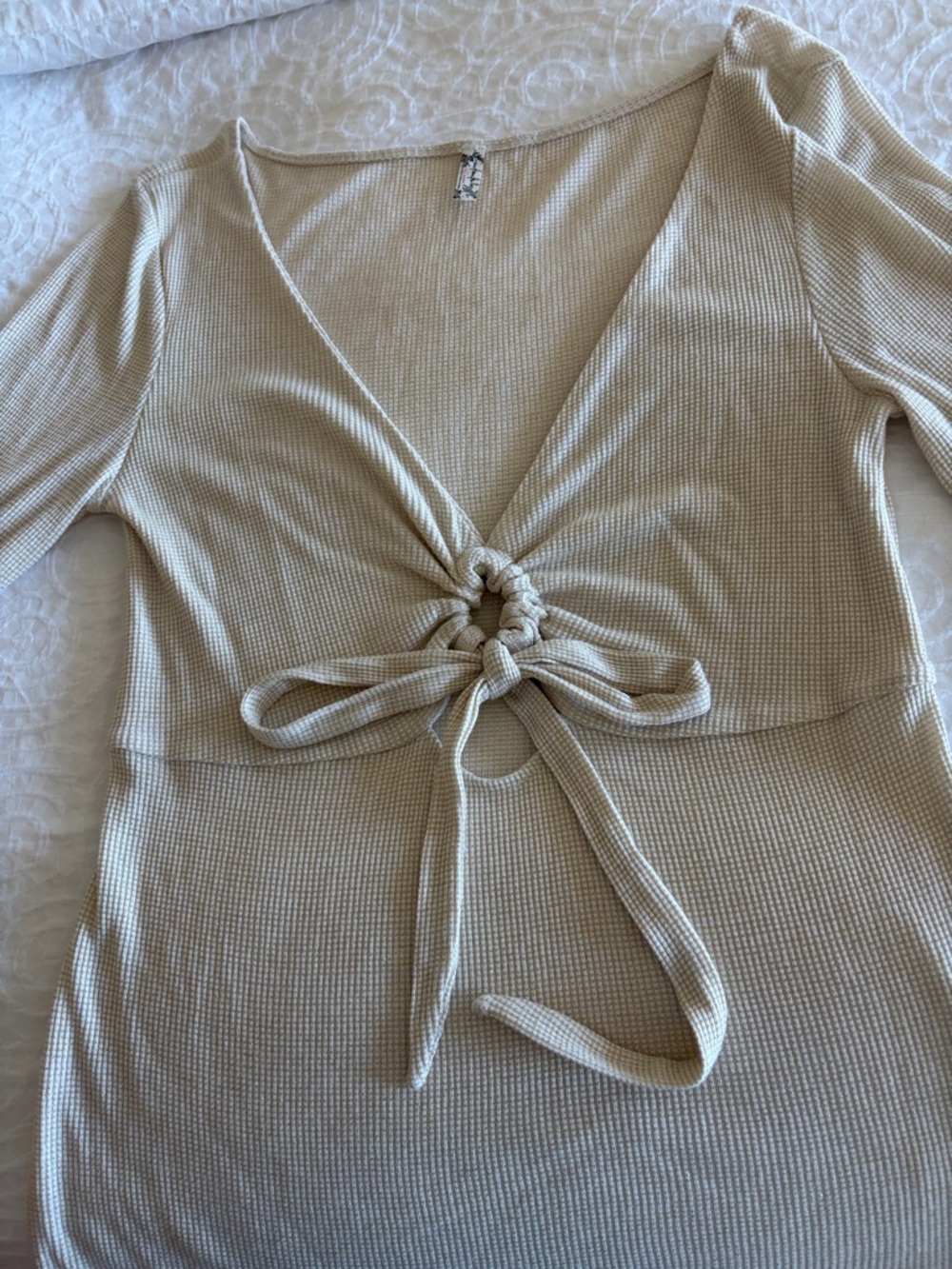 Free People Cream Ribbed Tie-Front V-Neck Tunic